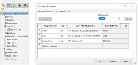 sheet metal cut list excluded a part solidworks|solidworks custom properties list.